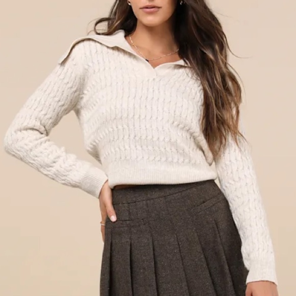 ASTR THE LABEL Xanthe Cream Cable Knit Wool-Blend Collared Pullover Sweater